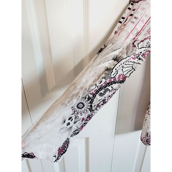 Chico's 1 Tan Paisley Top Pink Maroon L/S Round Neck Stretch Medium‎ Cotton Blnd - Picture 5 of 6